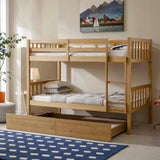 PVWIIK Convertible Bed Frame/Twin Size Rubber Wood Bunk Bed with Trundle for Kids/Boy/Girl Bedroom,Twin Over Twin Bunk Bed with Ladder and Safety Guardrails,No Box Spring Needed,Natural PVWIIK