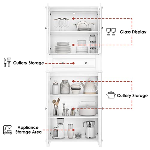 FACBOTALL 76'' Kitchen Pantry Storage Cabinet, Pantry Cabinet, Freestanding Kitchen Cupboard with Large Drawer, Doors, and Adjustable Shelves for Dining Room, Living Room, Laundry, White FACBOTALL