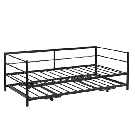 Nahenduo Twin Size Daybed with Pop up Trundle & Adjustable LED Lights, Futon Frame Bed, Metal Sofa Bed Frame for Living Room Bedroom Guest Room, Small Space, No Box Spring Needed (Black) Nahenduo