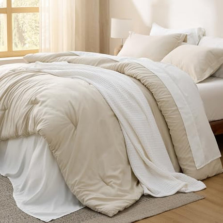 Bedsure Queen Comforter Set - 7 Pieces Beige Queen Bedding Set for All Seasons, Boho Contrasting Design Bed in a Bag with Comforter, Sheets, Pillowcases & Shams Bedsure