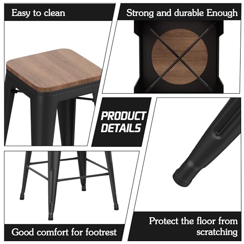 Alunaune 24" Metal Bar Stools Set of 4 Stackable Counter Height Barstools Backless Industrial Kitchen Bar Chairs with Wooden Seat-Matte Black Alunaune