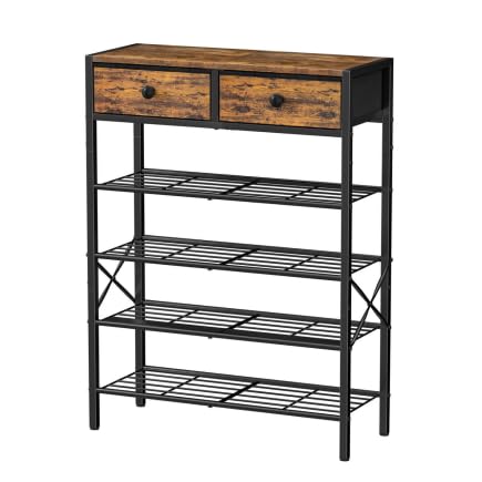 UNITSTAGE Shoe Rack for Entryway, 5 Tier Shoe Organizer with 2 Non-woven Drawers, Metal Storage Shoe Shelf for 16-20 Pairs of Shoes, with Wooden Top and Steel Frame, Shoe Stand for Closet Rustic Brown UNITSTAGE