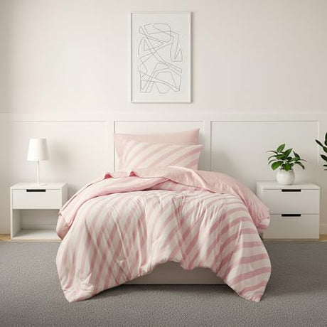 Reversible Striped Twin Comforter Set-Bed in A Bag 5-Pieces Bedding Set with Double-sided Stripes Design-Warm & Cozy Bed Set Includes Twin Size Comforter, Sheets Set, Pillowcase and Sham, Blush Regency Heights