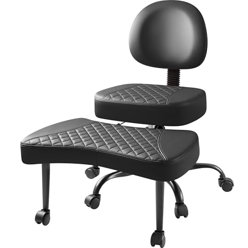 Furmax Ergonomic Criss Cross Legged Office Chair with Wheels, 360°Swivel Adjustable Height Kneeling Desk Chair with Footrest for ADHD, Yoga, Meditation, Home Office (Leather, Black) Furmax
