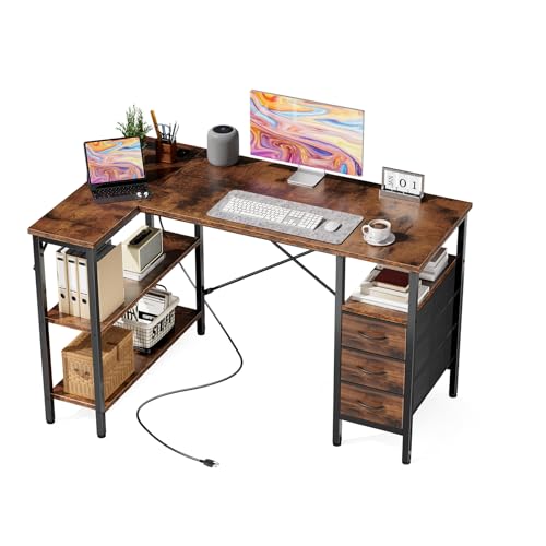 DUMOS L Shaped Desk with Shelf Drawers 47 Inch, Brown Corner Computer Desks Gaming with Power Outlet, Study Table with Adjustable Shelves, Home Office Tables for Bedroom Teacher Reading Writing DUMOS