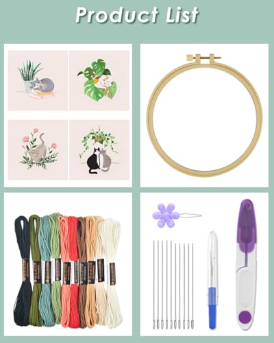 ERKOON 4 Sets Embroidery Kit for Beginners,Hummingbird and Flower Cross Stitch Set for Include Embroidery Cloth Hoops Threads for Craft Lover Hand Stitch (Cat) ERKOON