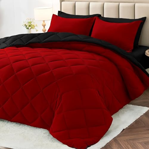 MUXHOMO 7 Pieces California King Comforter Set, Reversible Bed in a Bag Cal King Size, All Season Bedding Set with Comforter, Flat Sheet, Fitted Sheet, Pillowcases & Shams, Red & Black MUXHOMO