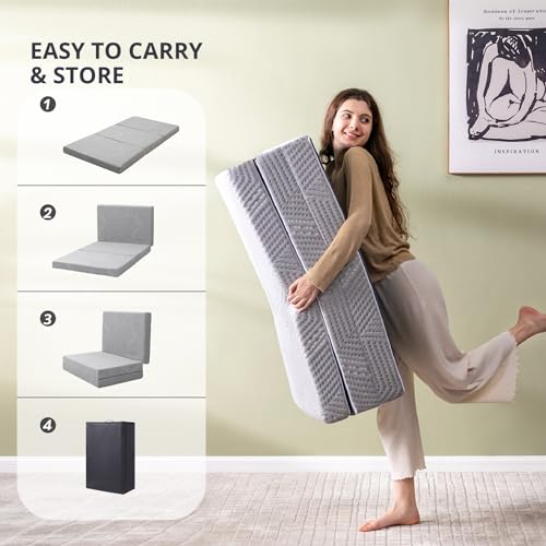 CH Charme House Folding Mattress, 4 Inch Single Tri Folding Memory Foam Mattress for Camping Guest Bed, Washable Cover & Non-Slip Bottom, 75" x 25" x 4", Grey CH CHARME HOUSE