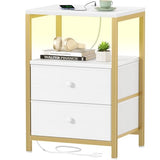 BOLUO Gold Nightstand with Charging Station, LED Night Stand with 2 Fabric Drawers, Bedside Table with USB Ports and Outlets, Nightstand for Bedroom Modern BOLUO