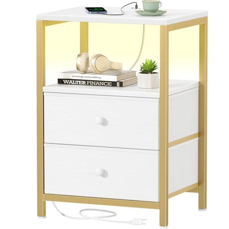 BOLUO Gold Nightstand with Charging Station, LED Night Stand with 2 Fabric Drawers, Bedside Table with USB Ports and Outlets, Nightstand for Bedroom Modern BOLUO