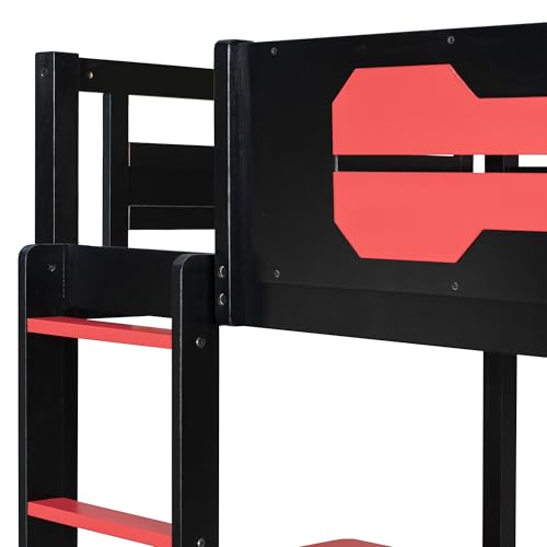 NCKMYB Bunk Bed with 2 Built-in Gaming Desks, Features USB Ports, Desktop Pegboards & Shelves, Space-Saving Loft Frame for Gaming Rooms & Small Spaces (Red+Bunk+Twin) NCKMYB