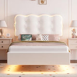 HIFIT Upholstered Twin LED Bed Frame with Charging Station and Adjustable Crystal Button-Tufted Puffs Headboard, Velvet Princess Floating Platform Bed Frames for Girls/Kids, No Box Spring Needed,Beige HIFIT