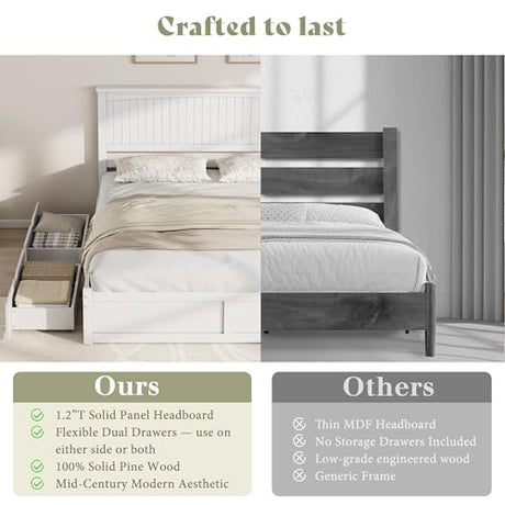 AMERLIFE King Size Solid Wood Bed Frame with 50" Tall Headboard, Mid-Century Modern Bed with Storage Drawers, Clean Wooden Platform Bed, 2 Side Drawers/No Box Spring Needed/White AMERLIFE
