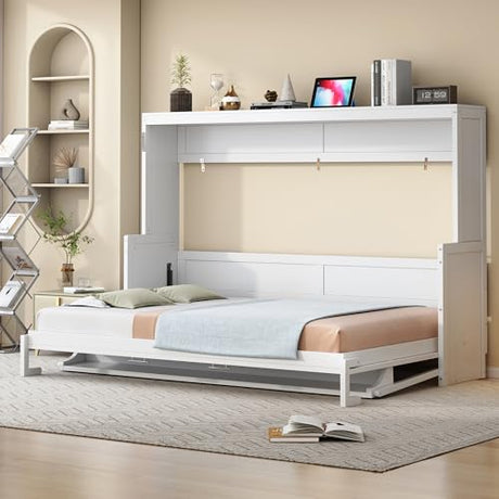Queen Size Murphy Bed with Desk,Solid Wood Cabinet Wall Bed with Hydraulic Design,Space-Saving Folding Beds for Small Apartment Guest Room Home Office,No Box Spring Needed,White Harper & Bright Designs