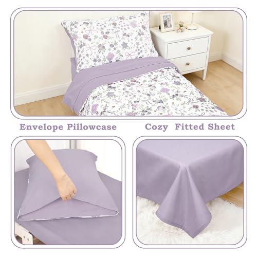 SWESEN Toddler Bedding Set for Girls, Purple Floral Toddler Girls Bedding Set, Soft & Lightweight 4 Piece Toddler Comforter Sets Include Comforter, Flat Sheet, Fitted Sheet, Pillowcase SWESEN