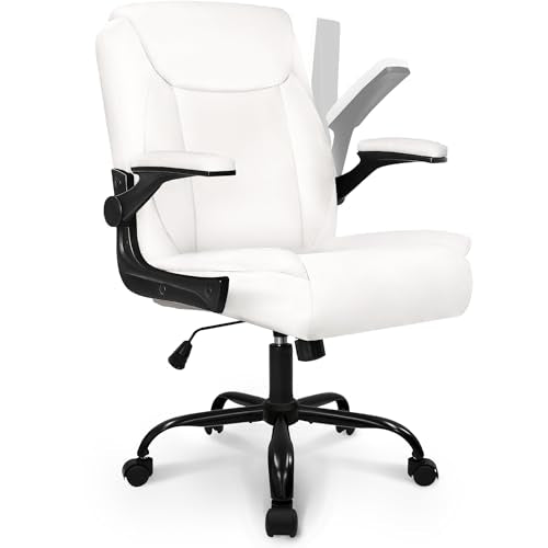 NEO CHAIR Office Desk Computer Chair Ergonomic Executive Mid-Back Leather Gaming Chair with Adjustable Flip-Up Armrests Wheels Swivel for Home Study Task (White) NEO CHAIR