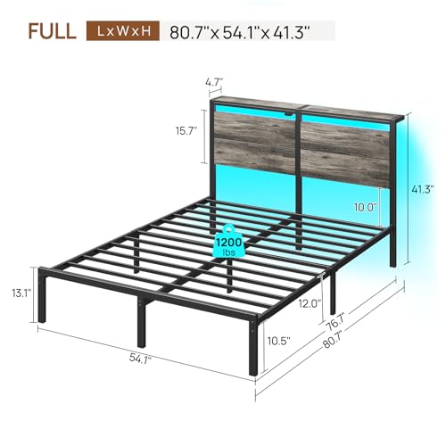 Rolanstar Full Size Bed Frame with Charging Station, LED Full Bed Frame with Wood Storage Headboard, Platform Bed with Metal Slats & Under Bed Storage, No Box Spring Needed, Noise Free, Deep Grey Rolanstar