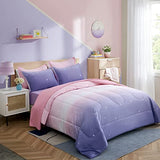 Dinjoy Girls Women Comforter Set King Size Ombre Pink Purple Rainbow Bedding Set 7 Pieces Bed in A Bag for Teen Adult (1 Comforter, 1 Flat Sheet, 1 Fitted Sheet, Pillow Shams & Pillowcases) Dinjoy