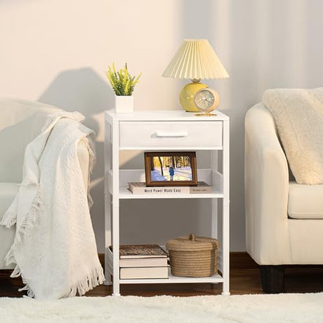 Lerliuo White Printer Stand with Fabric Drawer, 3 Tier Industrial Side Table, Modern Small Printer Desk Holder with Storage Shelf,Multi-Functional Bedside Tables for Home Office Fax Machine Scanner Lerliuo