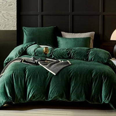 WARMDERN Emerald Green Flannel Velvet Duvet Cover King Size Duvet Cover Bedding Sets, 3pcs Ultra Soft Luxury Textured Modern Crystal Velvet Duvet Covers with Zipper Closure(Emerald Green, King)