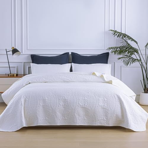 SheRest Full Quilt Bedding Set - White Soft Breathable Bed Quilts, Modern Style Embossed Bedspreads, Lightweight Microfiber Reversible Coverlet for All Seasons-3 Pieces (1 Quilt,2 Pillow Shams) SheRest