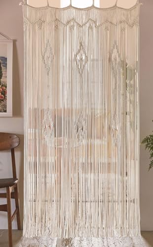 Macrame Curtain Long Cotton Window Panel Boho Curtains for Bedroom Wedding Backdrop Room Divider Doorway Closet Apartment 35''W x 70''L IOWER