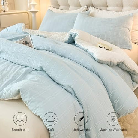 tohrisa Boho Comforter Set Full Size Striped Pleats Bohemian Seersucker Bedding Set All Season Soft Cozy 3 Pieces Quilt with 2 Pillowcases(80"X90" Light Blue) tohrisa