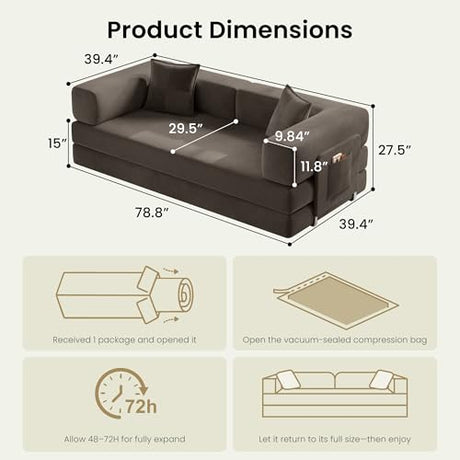 CUBENTE 78.8" Convertible Futon Sofa Bed,Corduroy Futon Couch with Storage Pocket,Folding Pull Out Sofa,No Assembly Boneless Couch for Living Room,Brown CUBENTE