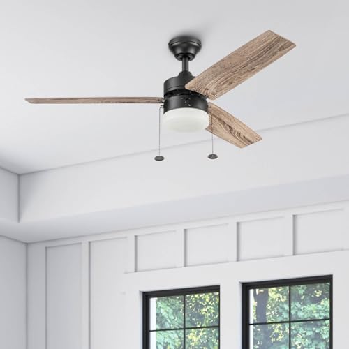Prominence Home Reston, 48 Inch Modern Farmhouse LED Ceiling Fan with Light, Pull Chain, Dual Mounting Options, Dual Finish Blades, Reversible Motor - 51588-01 (Bronze) Prominence Home