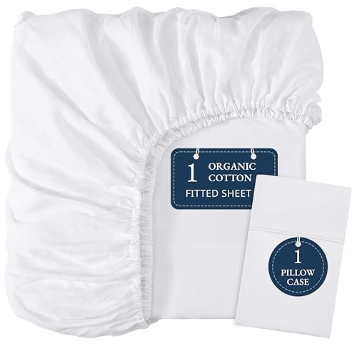 LANE LINEN Twin Fitted Sheets, 100% Organic Cotton 2-Piece Set (1 Fitted Sheet, 1 Pillowcase), Percale Weave, Bottom Sheet, Soft, Breathable, Fits Mattress Upto 15' Deep - White (No Flat Sheet) LANE LINEN