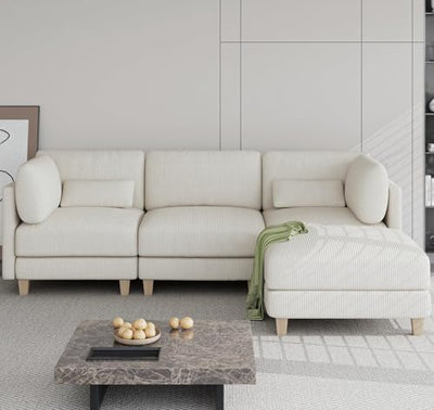 LIKIMIO 91.1" Modern L-Shaped Sectional Sofa for Living Room, 3-Seater Comfy Couch with Deep Seat and Movable Ottoman, Corduroy Upholstered Modular Sofa, Beige