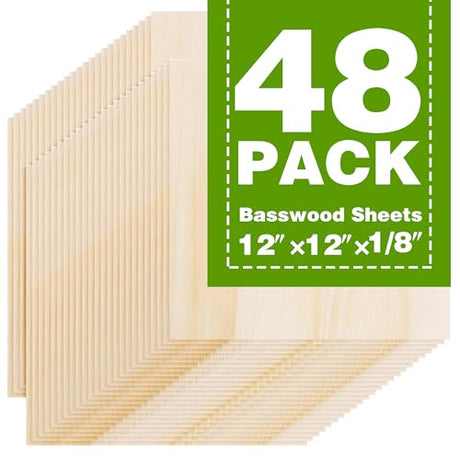 Basswood Sheets 12"x12"x1/8",3mm Basswood for Laser Cutting,Thin Plywood Board Unfinished Wood for Crafts, DIY Architectural Models Making, Wood Engraving (12inchx12inch-1/8-48Packs) Qdpgyuan