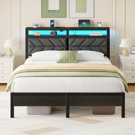 Seventable Full Size Bed Frame with Charging Station & LED Lights, Upholstered Headboard with Storage Shelves, Metal Platform with Under Bed Storage, No Box Spring Needed, Easy Assembly, Dark Grey Seventable