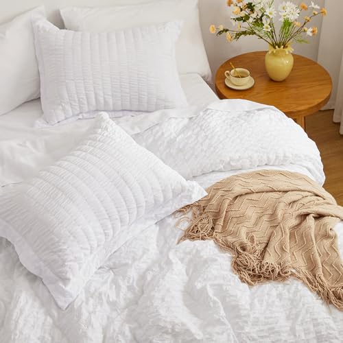 Love's cabin Seersucker White Twin Comforter Set, 5-Piece All Season Lightweight Bed in a Bag Bedding Set with Comforter, Flat Sheet, Fitted Sheet, Pillowcase and Sham Love's cabin