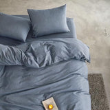 Wake In Cloud - Cotton Duvet Cover Set, Queen Size, Chambray Denim Blue, 100% Washed Cotton, Linen Like Textured, Breathable Percale Durable Comfy Farmhouse Neutral Bedding Set, 3 Pieces Wake In Cloud