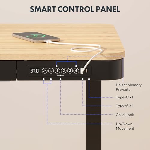 FLEXISPOT Comhar Electric Standing Desk with Drawer Desktop & Adjustable Frame w/USB Charge Ports (Bamboo-Look Laminate/Black, Wood) FLEXISPOT
