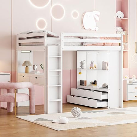 Merax White Full Size Loft Bed with Shelves, Desk, and LED Light Merax