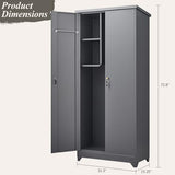 GREATMEET 72.8" Outdoor Broom Storage Cabinet, Waterproof Outdoor Narrow Storage Shed, Metal Storage Cabinets for Cleaning Supplies with Slanted Roof, Utility Closet, Broom Mop Storage Cabinet, Grey GREATMEET