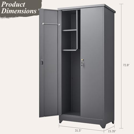 GREATMEET 72.8" Outdoor Broom Storage Cabinet, Waterproof Outdoor Narrow Storage Shed, Metal Storage Cabinets for Cleaning Supplies with Slanted Roof, Utility Closet, Broom Mop Storage Cabinet, Grey GREATMEET