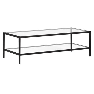 Henn&Hart 54" Wide Rectangular Coffee Table with Glass Shelf in Blackened Bronze, Modern coffee tables for living room, studio apartment essentials