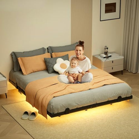 LUKIROYAL Floating Bed Frame King Size with Smart LED Lights and Charging Station - 14 Inch Modern Floating Beds, Bed Frame with Lights, Easy Assembly No Box Spring Needed LUKIROYAL