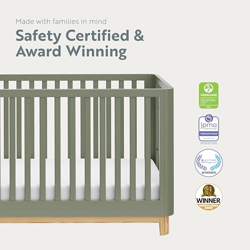 Storkcraft Santos 3-in-1 Convertible Crib (Olive with Natural) – GREENGUARD Gold Certified, Fits Standard Crib Mattress, Converts to Toddler Bed and Daybed, Rounded Details, Designer Edition