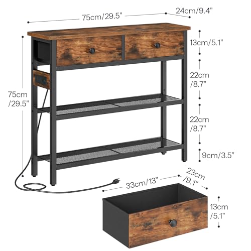 HOOBRO 29.5" Narrow Console Table with Power Outlet, Small Entryway Table with 2 Fabric Drawers, Behind Couch Table Sofa, 3-Tier Storage Shelves, for Living Room, Hallway, Rustic Brown BF72UXG01 HOOBRO
