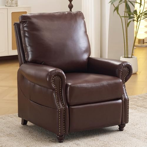 Push Back Recliner Chair with Massage and Heat, Breathable Leather Recliner Chair with Overstuffed Backrest, Pushback Chair with Rivet Decoration, Single Sofa Accent Chair for Living Room, Brown