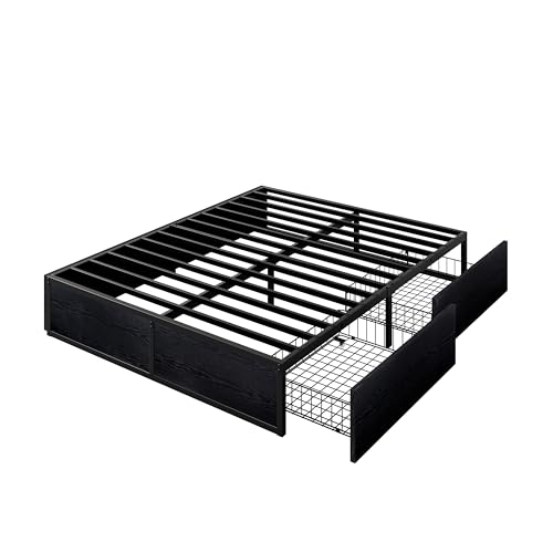 Allewie Full Size Metal Bed Frame with 2 Storage Drawers, Heavy-Duty Steel Frame with MDF Wood Panels, Flexible Drawer Placement, Easy Assembly, Noise-Free Support, Black Allewie