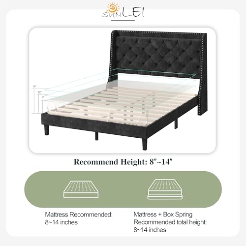 SUNLEI Queen Size Bed Frame with Tufted Button and Velvet Fabric, Bed Frame with Wingback Storage Headboard, Strong Wood Slats, Easy Assembly, No Box Spring Needed, Black SUNLEI