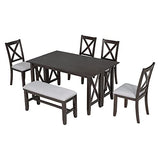 6 Pieces Dining Table Set with Bench, Wood Rectangle Table, 4 Chairs and Bench with Cushion, Kitchen Table Chairs Set for 6 Persons (Espresso) Merax