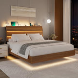 Feonase Floating Bed Frame Queen with Led Lights and Charging Station, Wood Full Size Bed Frame with Storage Headboard, Heavy Duty Metal Slats, No Box Spring Needed, Easy Assembly,Walnut Feonase