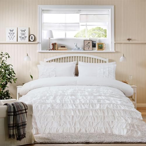 Holawakaka White Waterfall Ruffle Comforter Set Twin Size Multi-Layers Ruffled Shabby Chic 3PCS Bedding Set for Girls Women Holawakaka