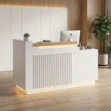 63" L-Shaped Reception Desk with LED Lights and Slatted Grille, Modern Front Desk with Built-in Outlets for Salon, Retail Store,Office,White Checkout Counter with Dimmable Switch,Reception Counter Laxodor